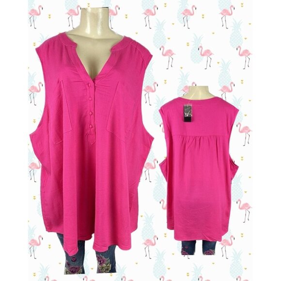 Torrid Plus 5 Pink Split Neck Linen Blend Pockets Curved Hem Sleeveless Blouse - Picture 1 of 6